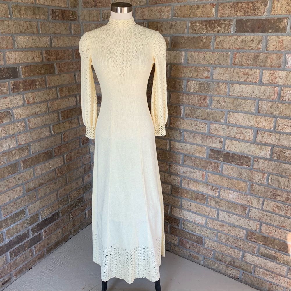 Vintage 60s Cream Yellow Crochet Long Sleeve Maxi Dress